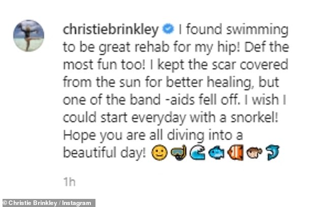 Works well: In a comment to her post, the actress also described how swimming affected her hip, after hip replacement surgery during Thanksgiving Day, less than two months ago