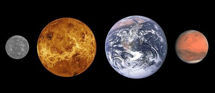 Comparative sizes of the first four planets of the Sun.  From left: Mercury, Venus, Earth, and Mars.  The width of the land is close to 8,000 miles.